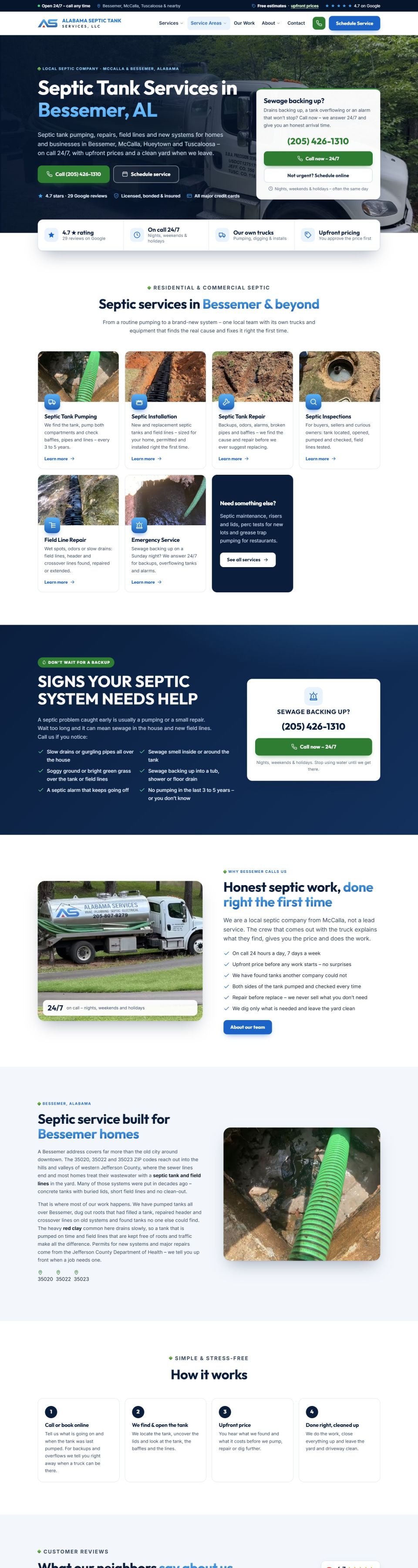 Alabama Septic Tank Services website – homepage